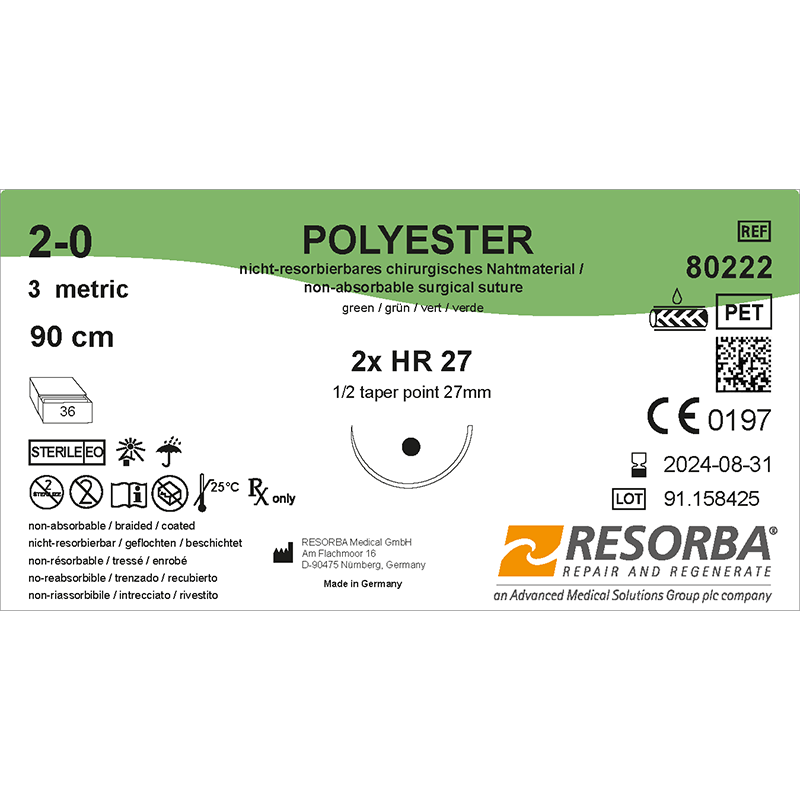 Поліестер USP2-0 зелений, довжина 90см, дві колючі голки 27мм, 1/2 кола